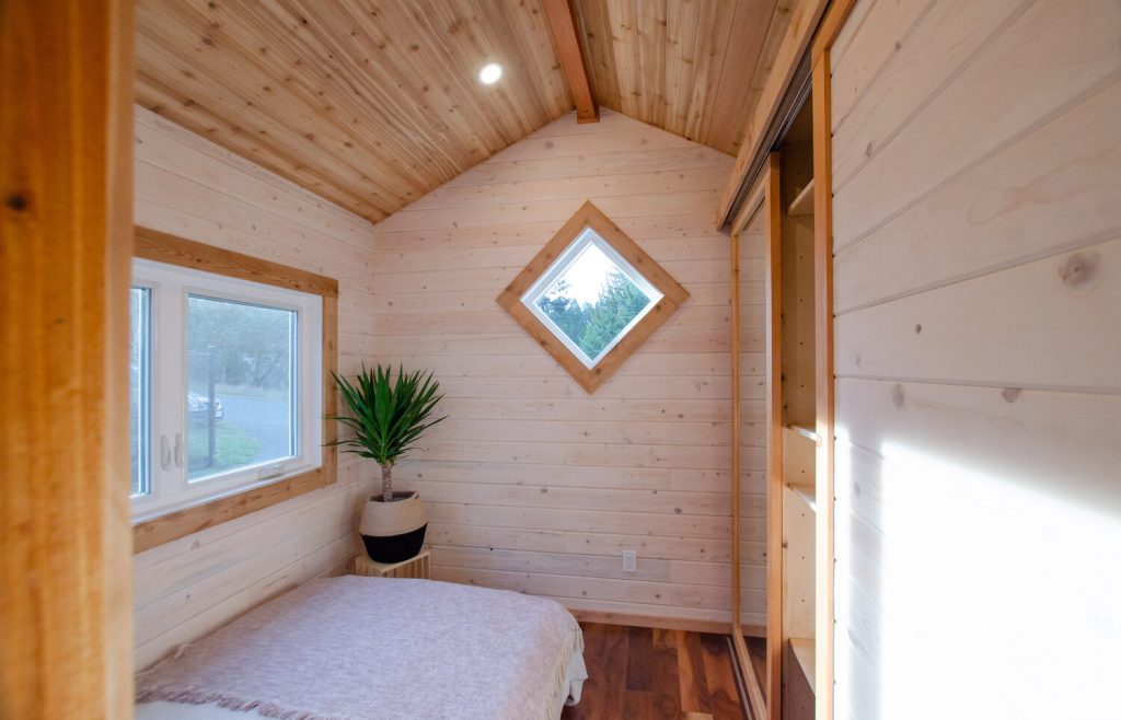 The bedroom in the Huckleberry tiny house.