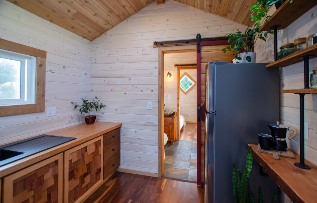 The kitchen area in the tiny house.