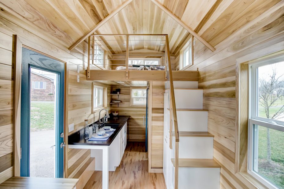 The Avon tiny house with a loft area over the kitchen.