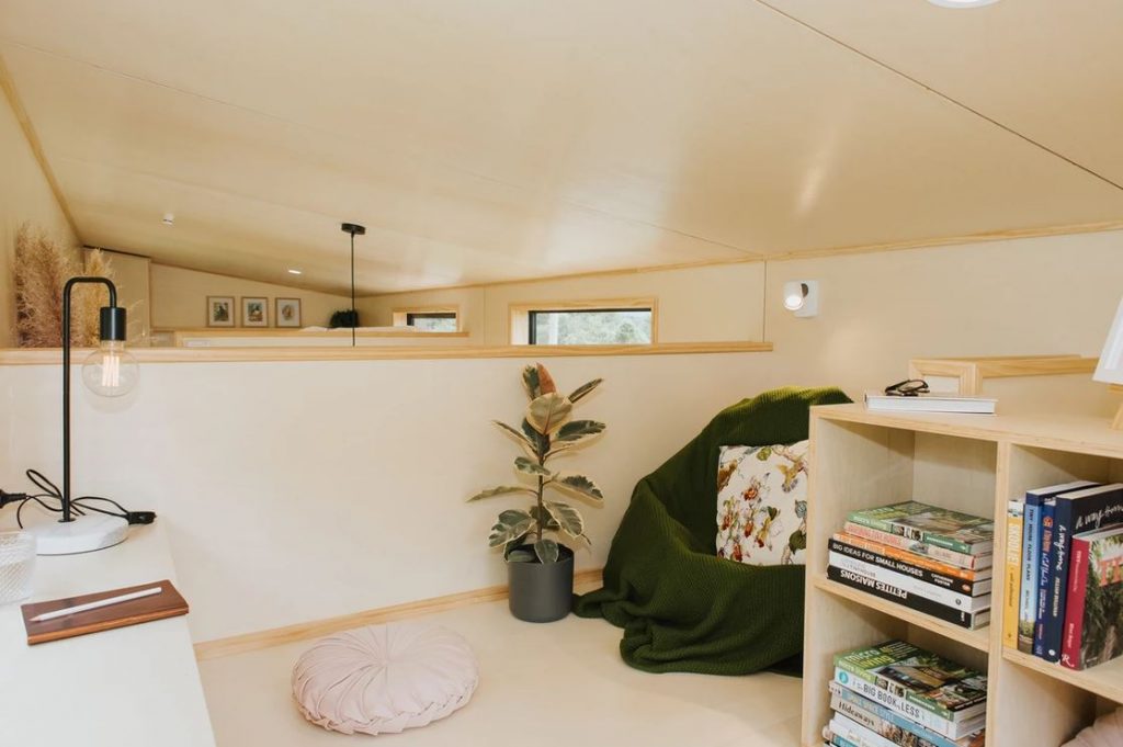 The loft office storage space in the Nugget Tiny House by Build Tiny
