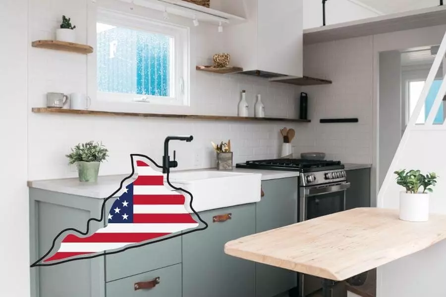 Virginia tiny homes with image of state of Virginia inside tiny house kitchen